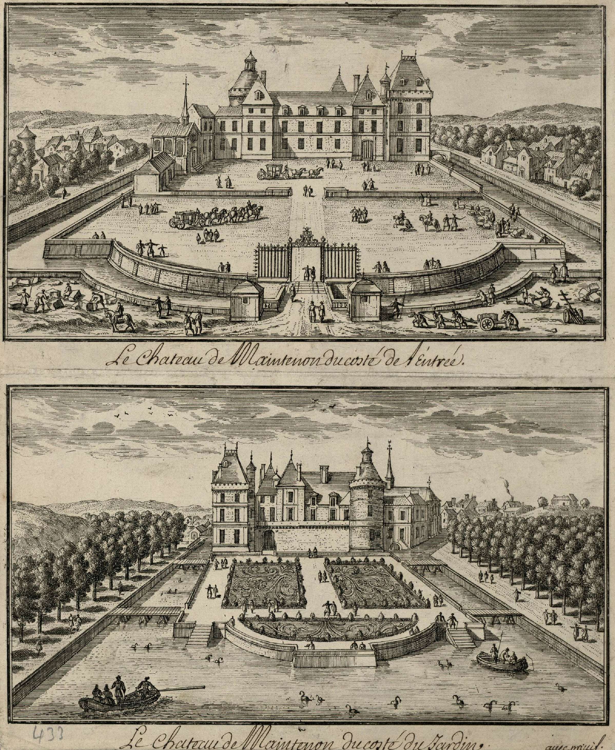 Gravure ancienne du château de Maintenon, côté entrée et côté jardin, montrant le tracé des parterres.