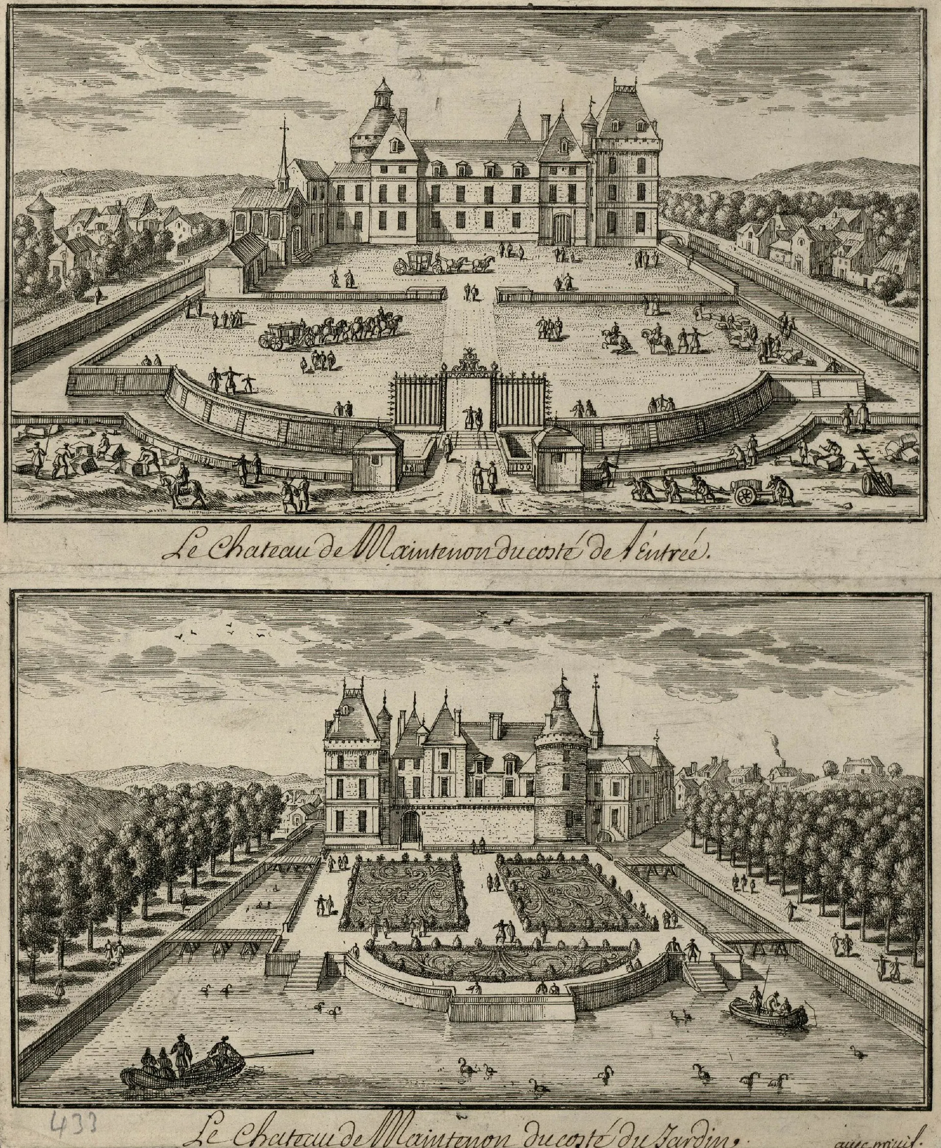 Gravure ancienne du château de Maintenon, côté entrée et côté jardin, montrant le tracé des parterres.