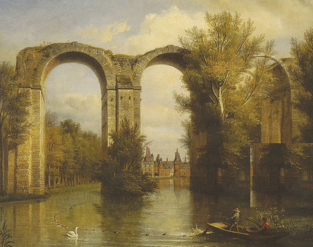 Vue peinte de l'aqueduc de Maintenon enjambant l'Eure, le château au loin, une barque et des cygnes sur l'eau.